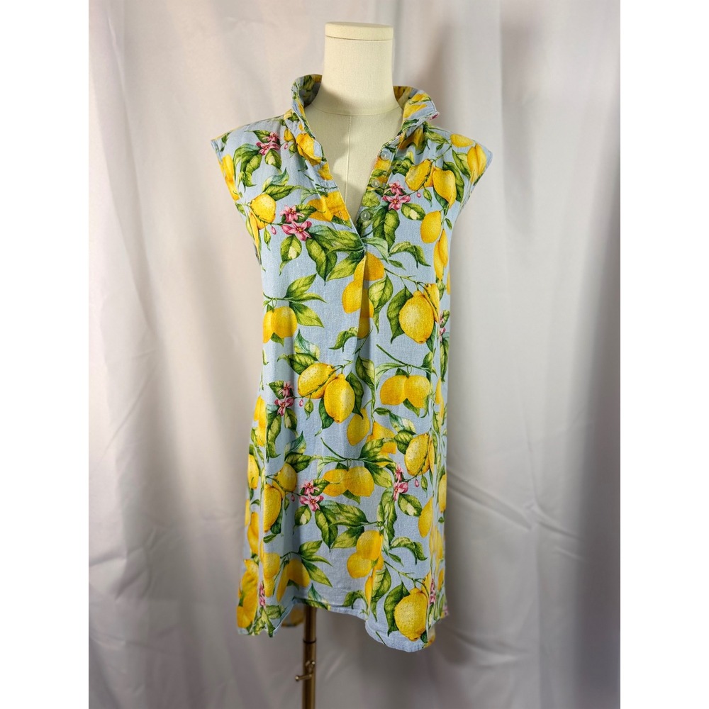 For Cynthia Woman Lemon Print Sleeveless Linen Blend Tunic Top Blue Yellow 3X
